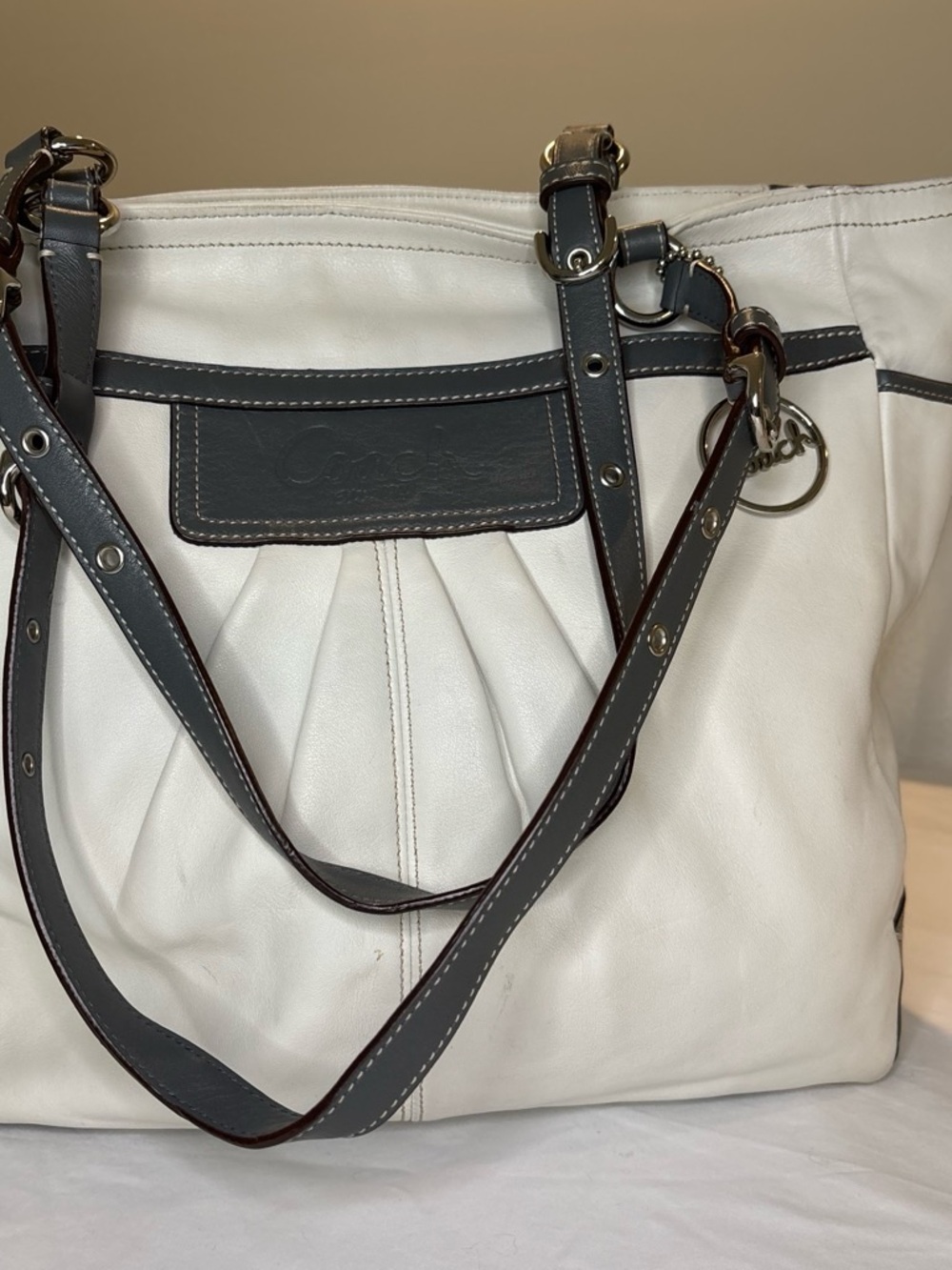 Coach White Leather Tote with Dark Gray Trim and Straps